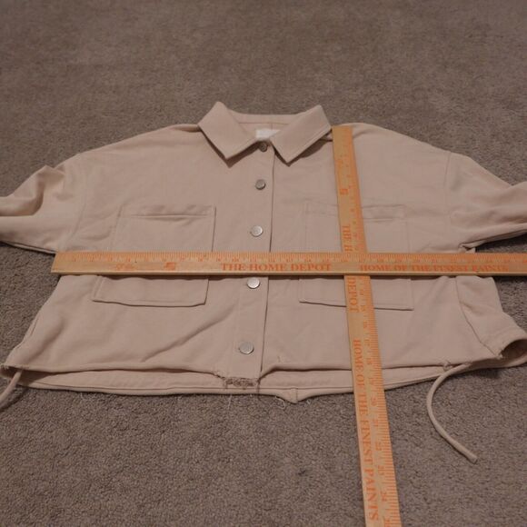 Elodie Women Large Jacket Button Front Crop Frayed Hem Pocket Drawstring Cream - Picture 6 of 6